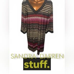 Sandra Darren Striped Geometric V-Neck Dress in Black, Burgundy, Gold (d10013)
